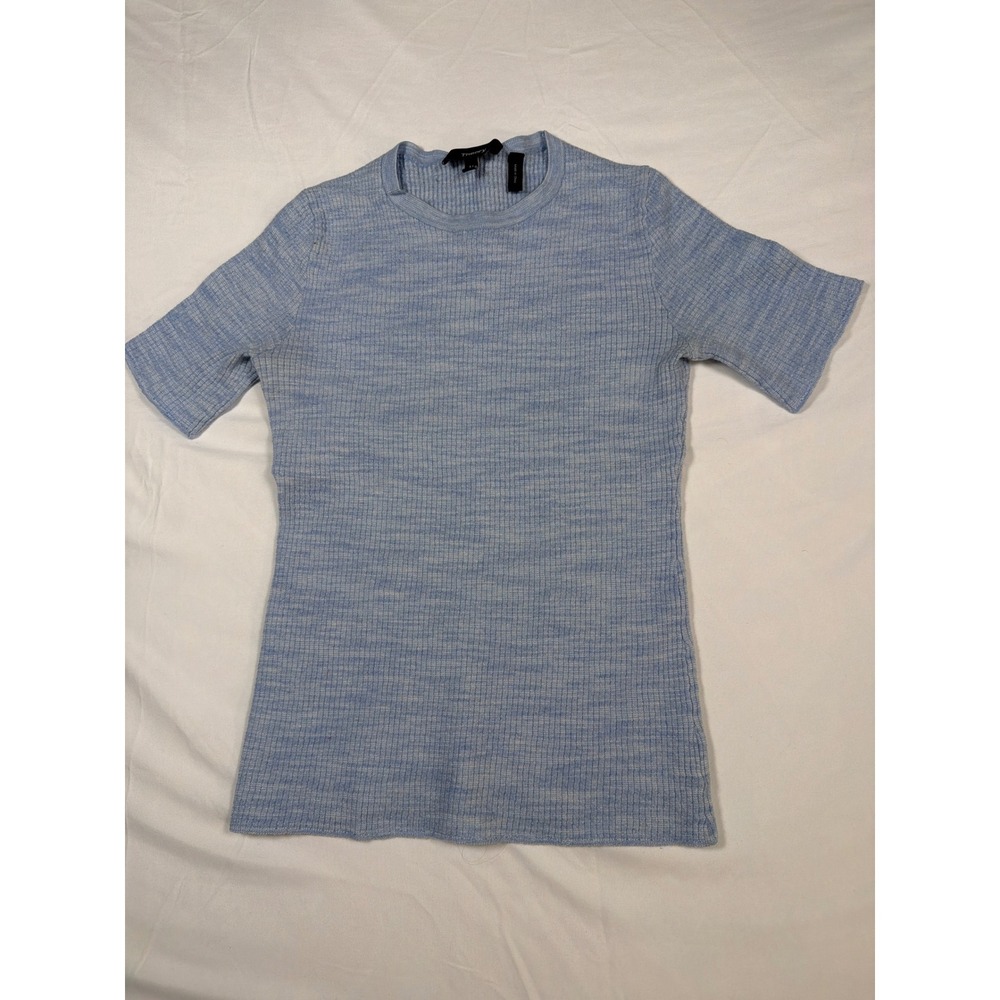 Theory Light Blue Merino Wool Cotton Ribbed Short Sleeve Sweater H1011703 M